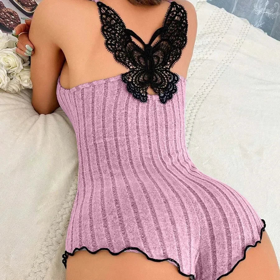 Lace Trim Bow Pajamas Set for Women - Sleeveless V-Neck Sleepwear