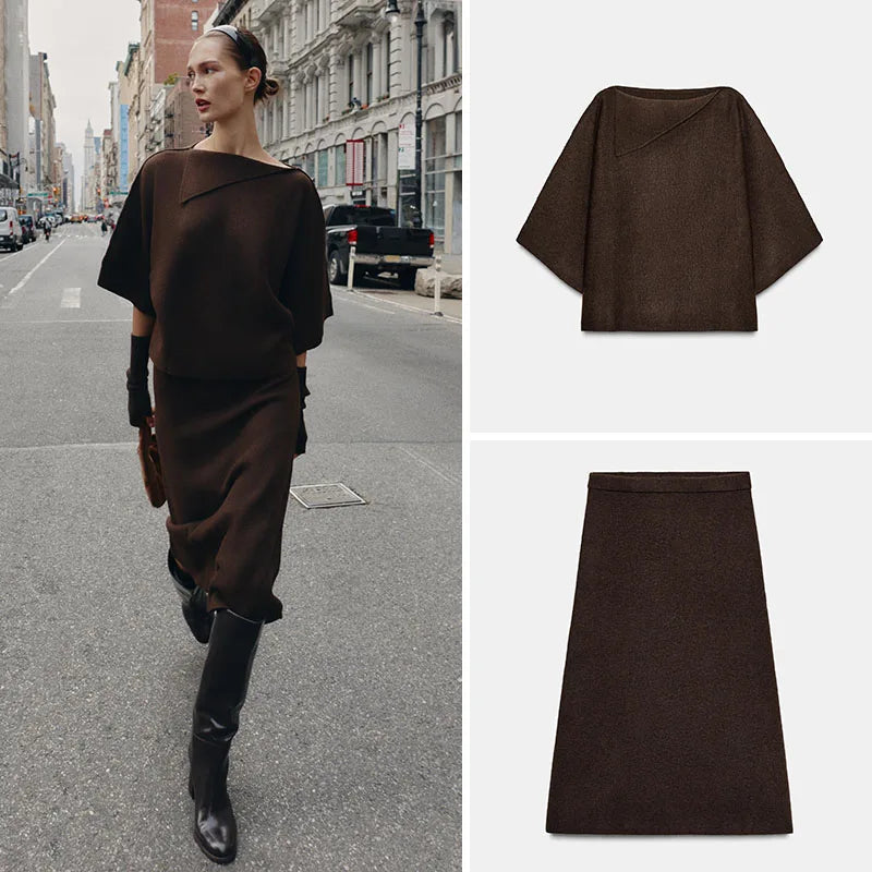 Women's Knit Sweater & Midi Skirt Set - Turn-Down Collar Two Piece