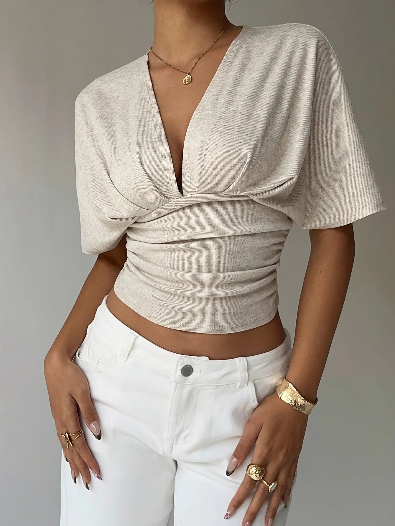 Women's Deep V-Neck Short Sleeve Fitted Tee — Apricot