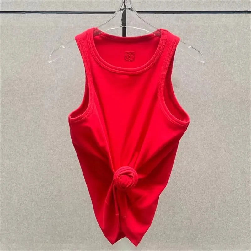 Women t-shirts New twisted flower knotted sleeveless top for summer 2026 Elastic slim pure cotton women's vest corset crop top