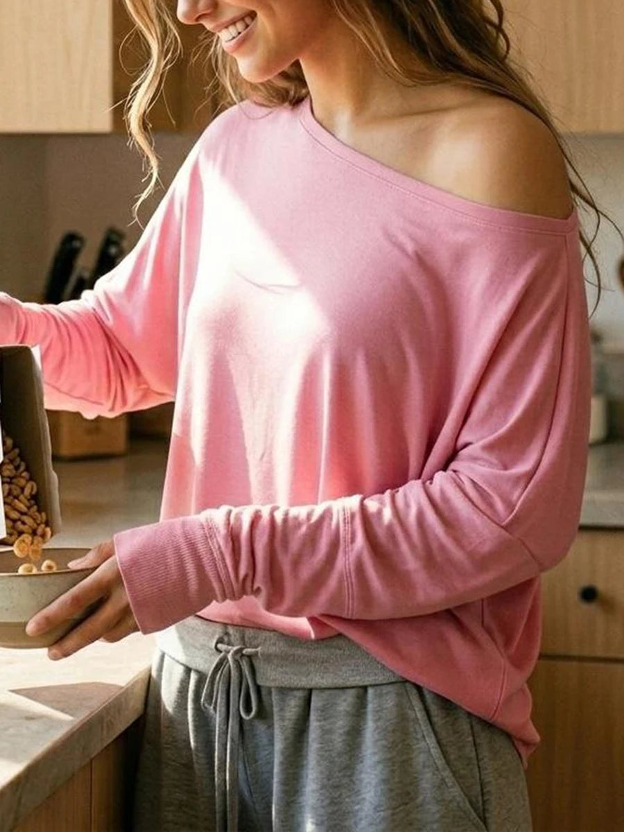 Long Batwing Sleeve T-shirts Woman Sexy Slash Neck Cotton Tee Shirts Female Casual Simple All-match Tshirts New Y2k Tops