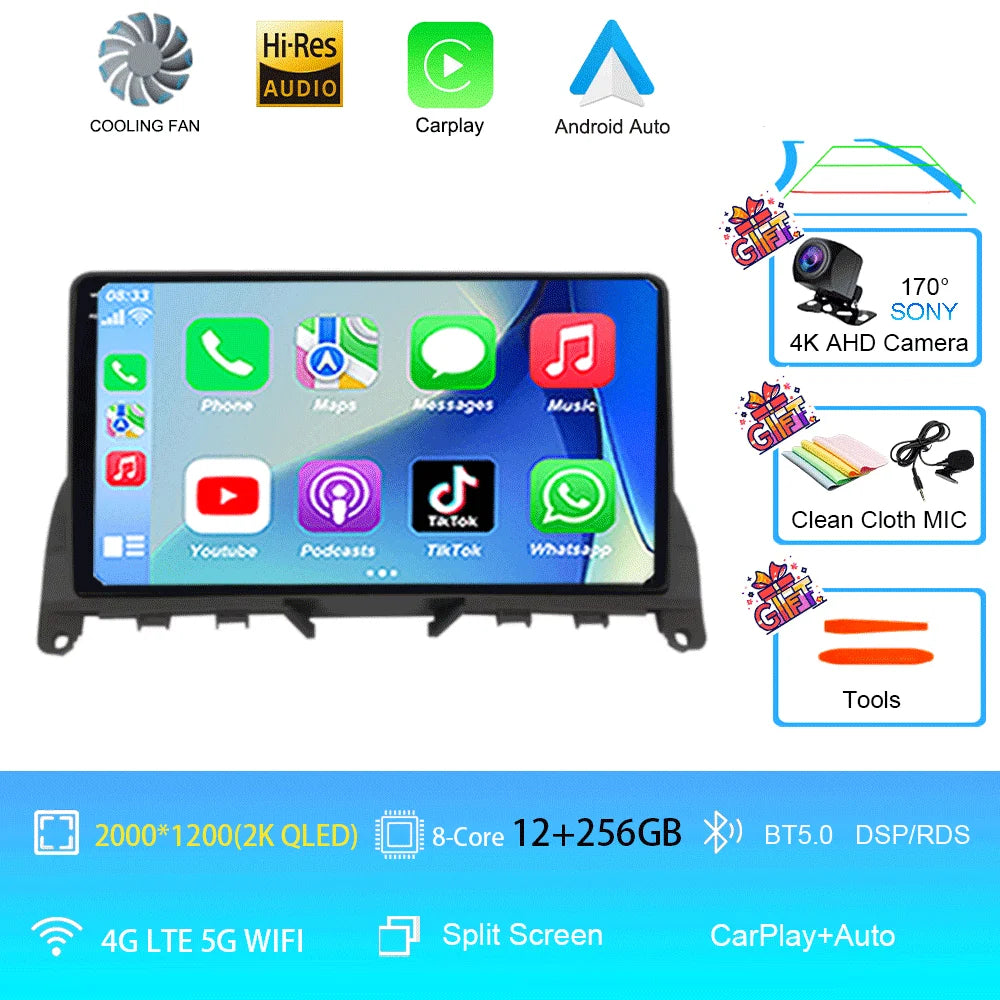 9" Android Car Stereo for Mercedes-Benz C-Class W204 S204 (2006–2011) — CarPlay, QLED, 4G, GPS