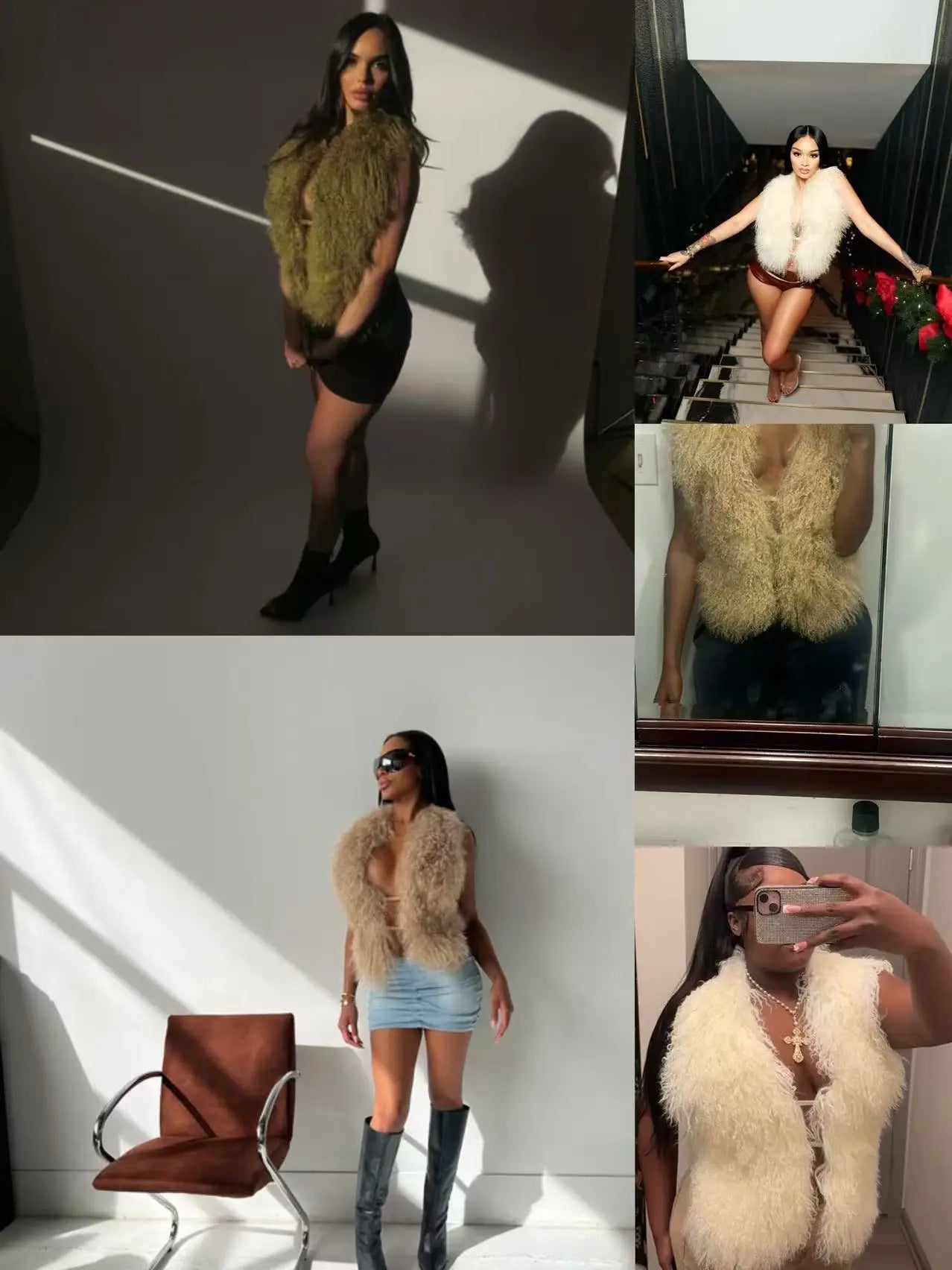 Fluffy Luxury  Real Mongolian Fur Halter Vests Women Solid Deep V-Neck Backless Bandage Sleeveless Jackets Top Outerwear Coat