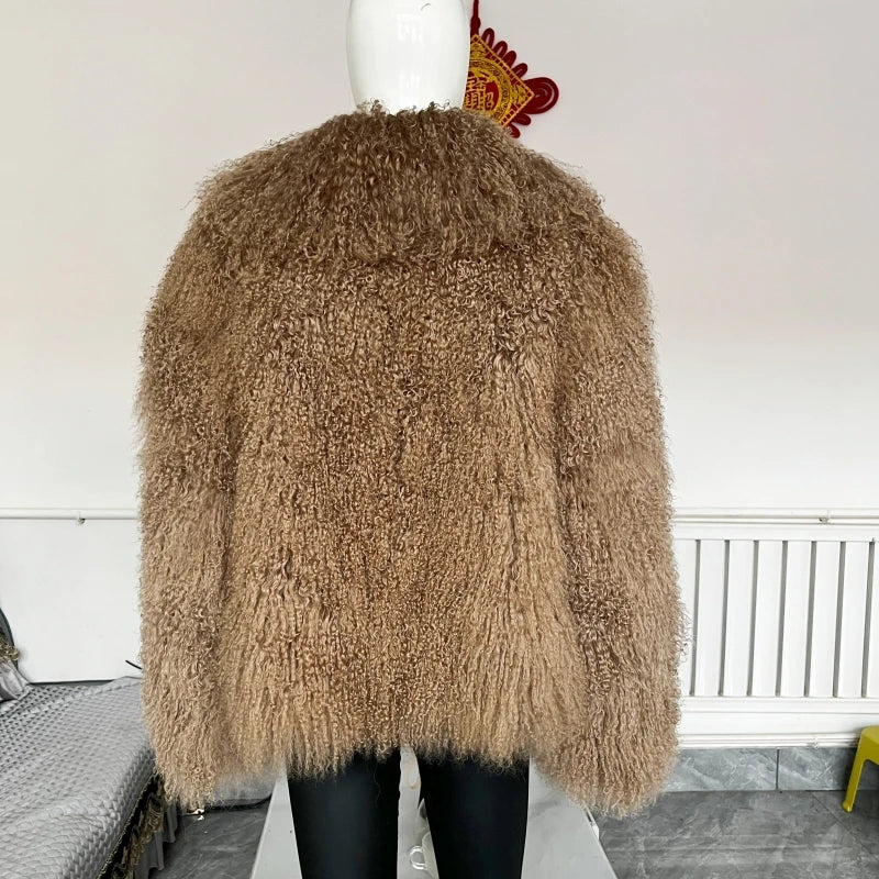 Women's Mongolian Sheep Fur Coat, Turn-Down Collar