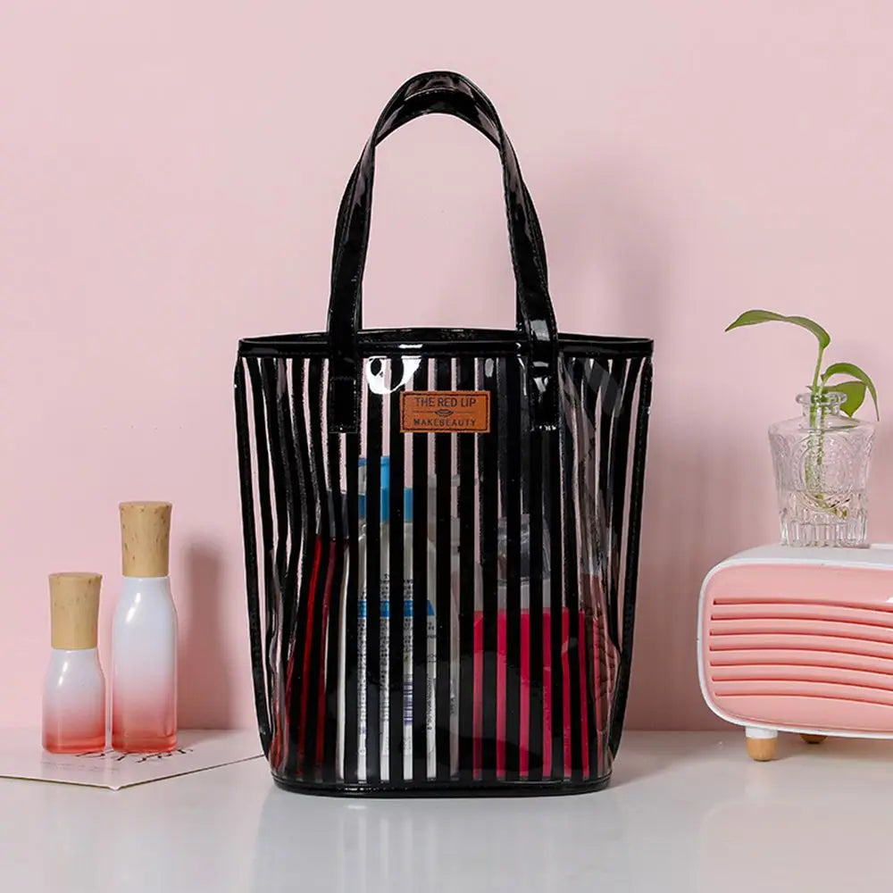 Large Capacity Transparent Handbag Waterproof Stripe Print Beach Bag Wash Bag Protable Travel Shopping Sundry Storage