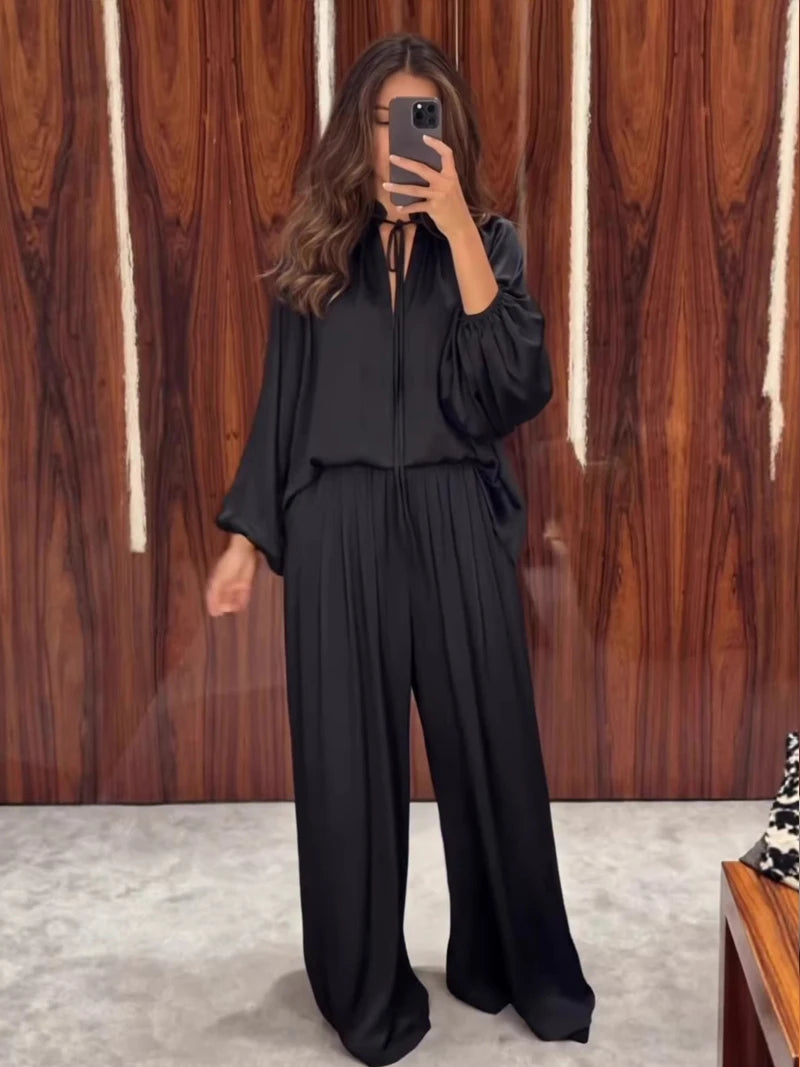 Satin Lace-Up V-Neck Blouse & Wide-Leg Pants Set — 2-Piece