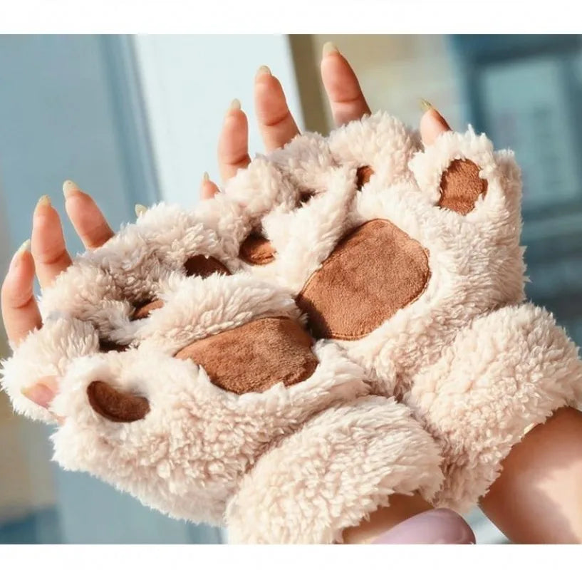 Women's Cat Paw Plush Mittens, Fingerless