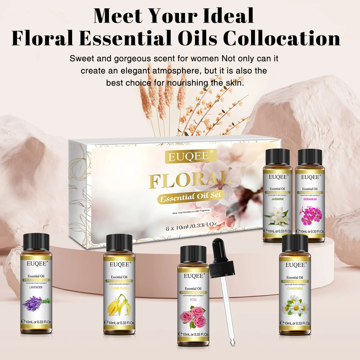 EUQEE 10ml*6pcs Essential Oil Set (Lavender Jasmine Rose Ylang Ylang Chamomile Geranium )-Pure Natural Aromatherapy Oils