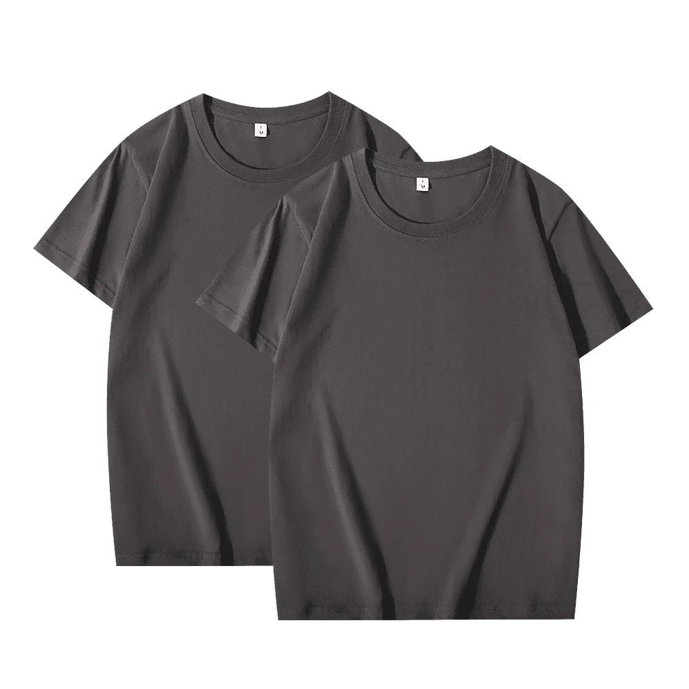 2pcs Solid Color T-shirt 100% Cotton Men Women White O-Neck Loose Short-sleeved Basic Models All-match T-shirt Couple Tops Black
