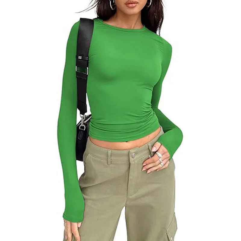 1pcs Four Seasons Fashion Senior Women T-shirt Long Sleeve Crew Neck Solid Slim Fit Tee Ladies Crop Top  Daily Streetwear Camis