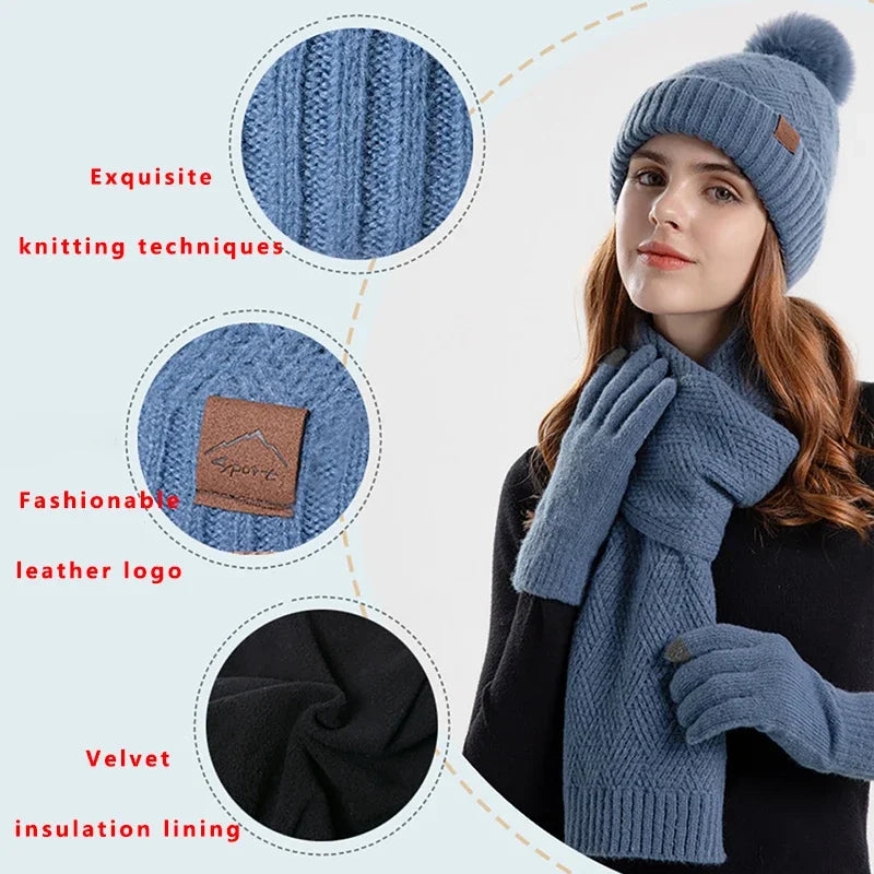 Women's Pom Pom Beanie, Scarf & Touchscreen Gloves - 3 Piece Set - photo 5
