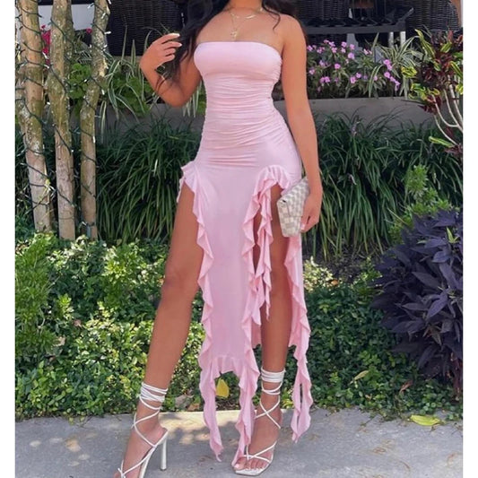 Women's Strapless Floral Mini Dress — Backless High-Slit Party Dress