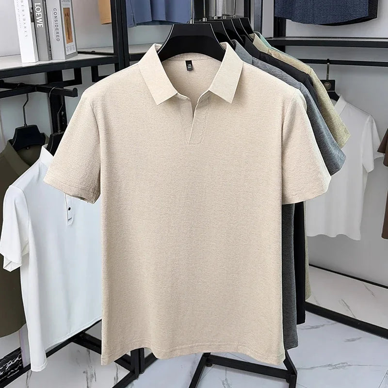 Men's Heather Knit Polo Tee - V-Open Lapel, Anti-Wrinkle Stretch