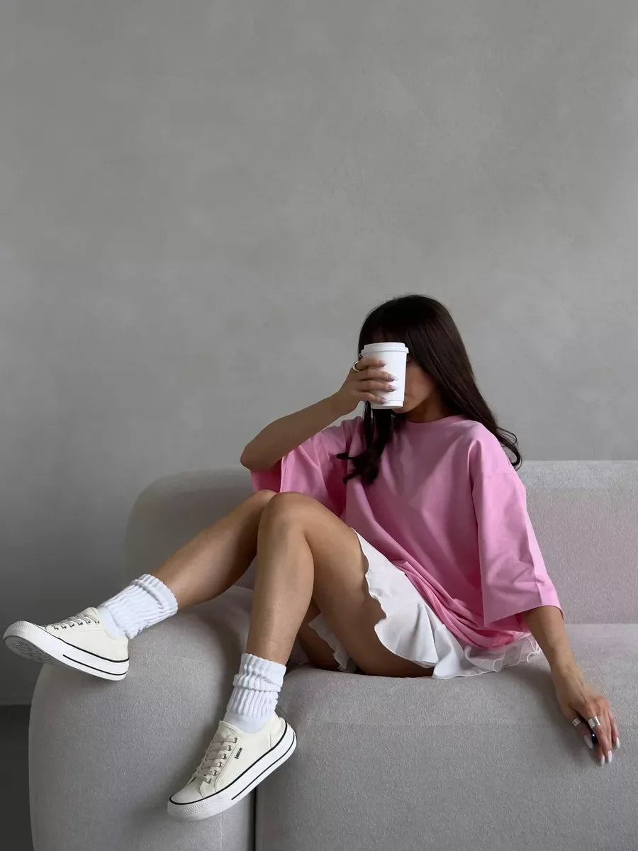 Hirsionsan Summer Casual Oversized T-shirts Women 100% Cotton Pink Loose Tees 2026 New Cusual Solid O Neck Female Aesthetic Tops