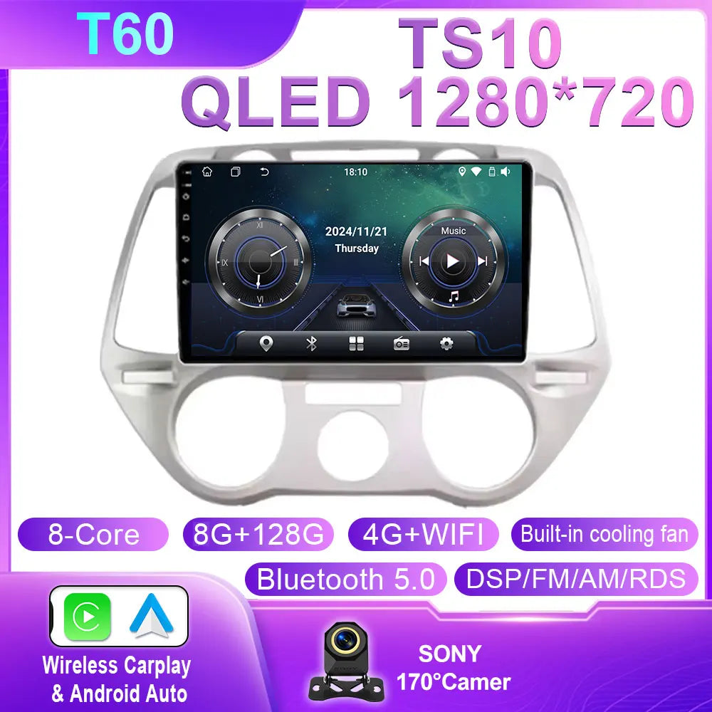 Android 16 Carplay For Hyundai i20 2008 2009 2010 2011 2012 Car Radio Stereo Multimedia Video Player DSP GPS 4G WIFI QLED Screen
