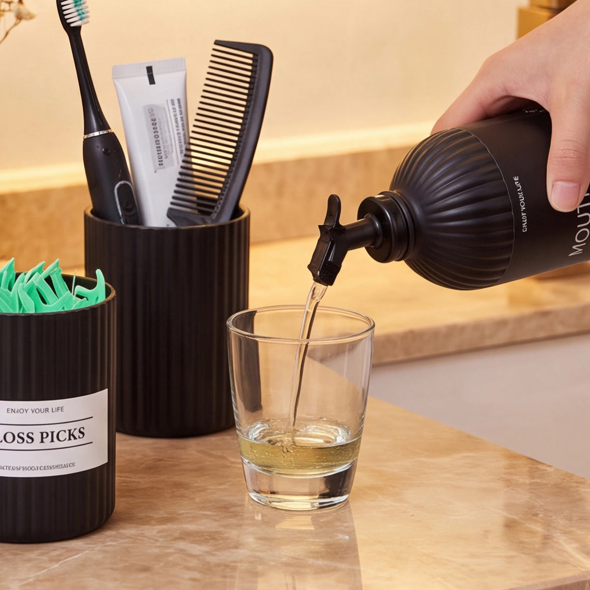 Bathroom Vanity Accessories Set, Reusable Soap Bottle, Storage Jar, Toothpaste Cup and Mouthwash Dispenser for Housewarming Gift
