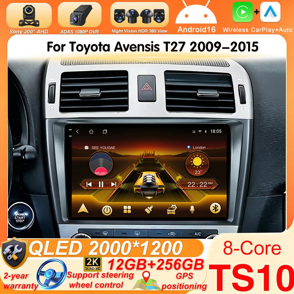 Android 16 8 core Carplay For Toyota Avensis T27 2009-2015 Car Multimedia Player 5G Wifi High-performance 7862 CPU Touch Display