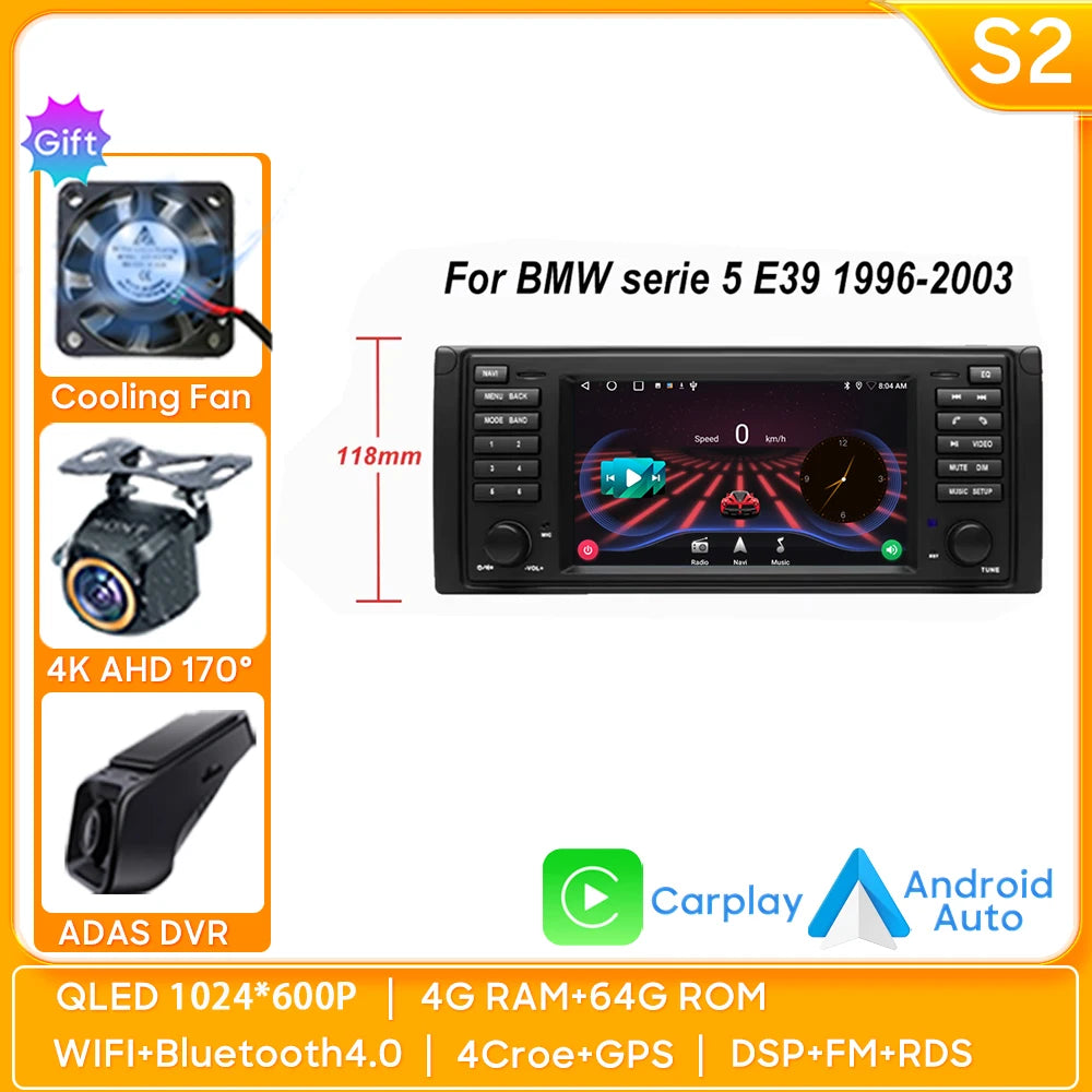 7" Android Car Stereo for BMW 5 Series E39 & X5 E53 (1996–2003) — Android Auto, GPS, 4G, WiFi, 2-DIN