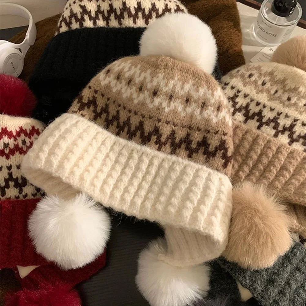 Women Winter Hat - Thickened Warm Beanie With Ear Protection Cold Proof Knitted Cap For Christmas Gifts Red Grey