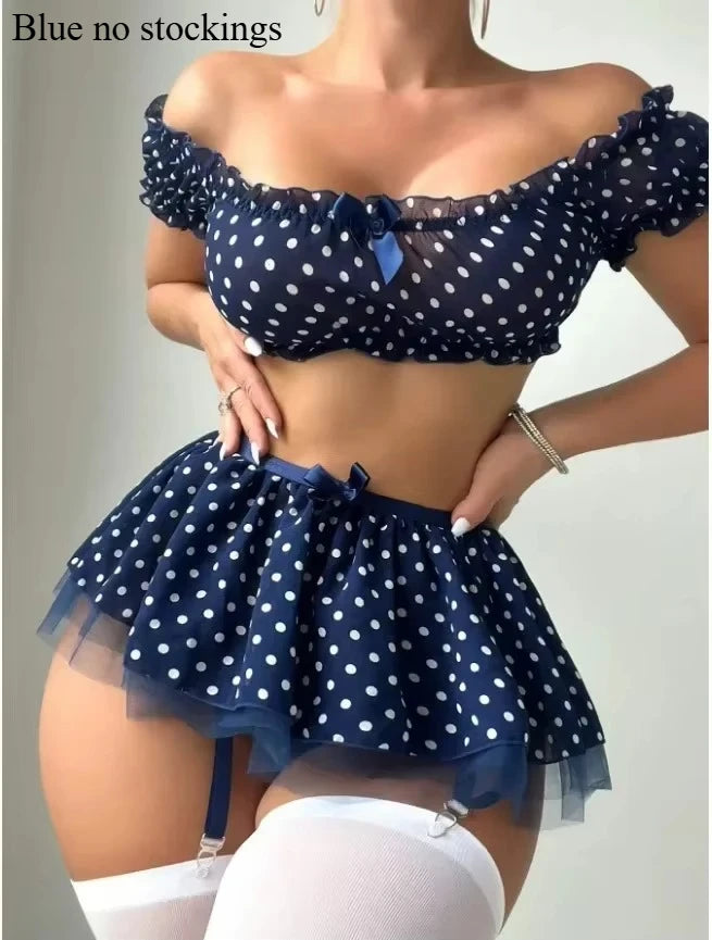 Women's Polka Dot Shoulder Revealing Puffy Skirt Set Sexy Lace Top Skirt Thongs Underwear Suits Mesh Perspective Exotic Sets