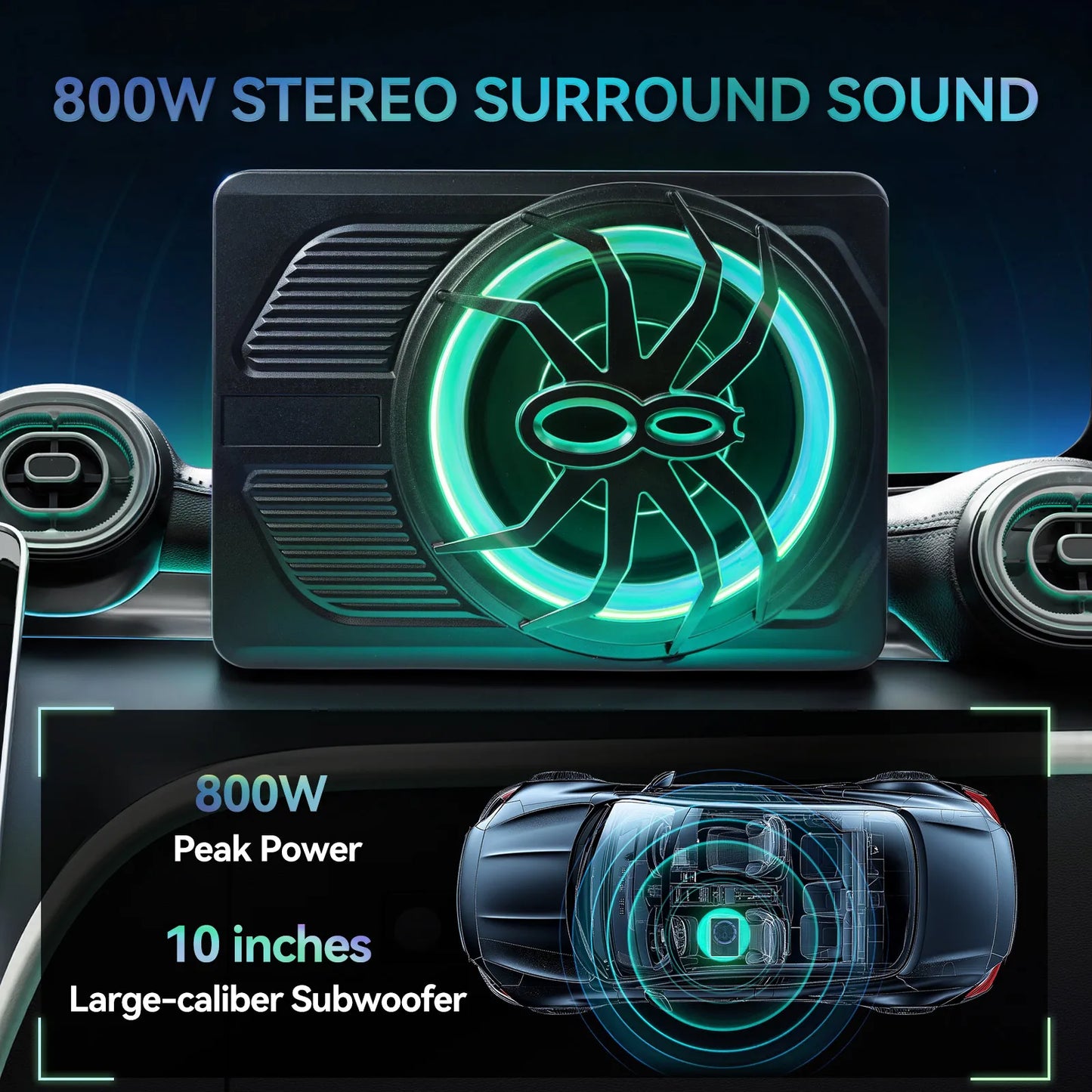 10 Inch Car Speakers Active RMS 80W Stereo Pure Bass Installed Under The Seat Ultra-Thin Subwoofer APP Control Colorful Light