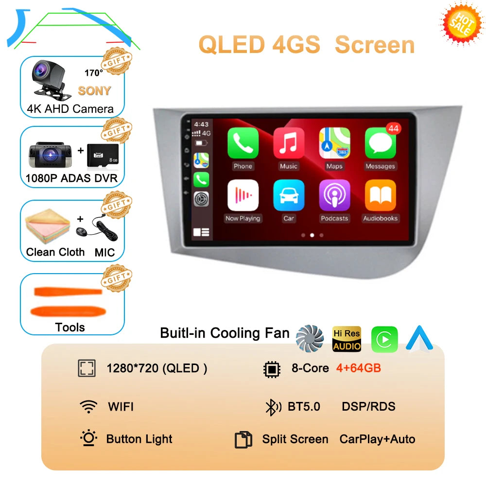 Car Radio Android 16 Navigation GPS Carplay For Seat Leon 2 MK2 2005-2012 Multimedia Video Player Stereo DSP 360 Camera Wifi 4G