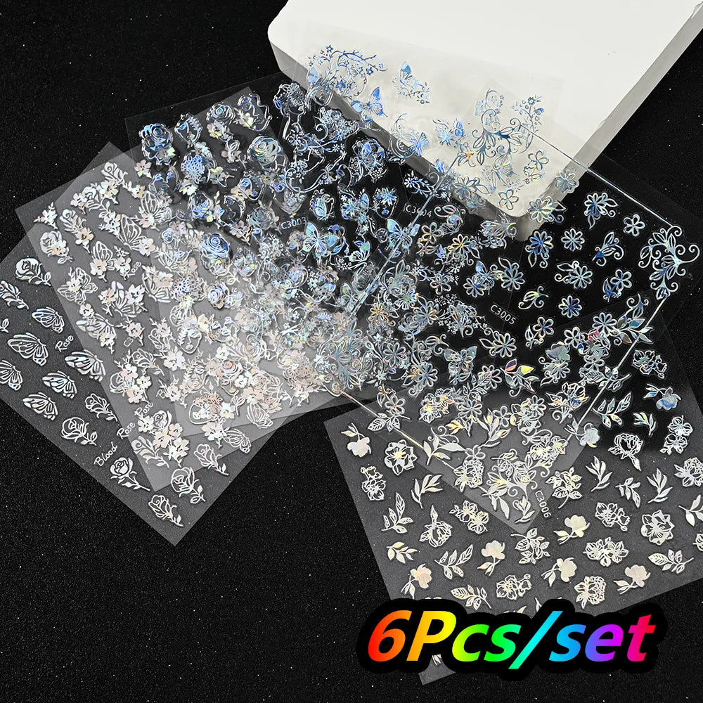 12Pcs/set Laser Silver Snowflake Nail Stickers Set  3D Winter Elk Snowflake Nail Art Decoration DIY Holographic Snowflake Slider