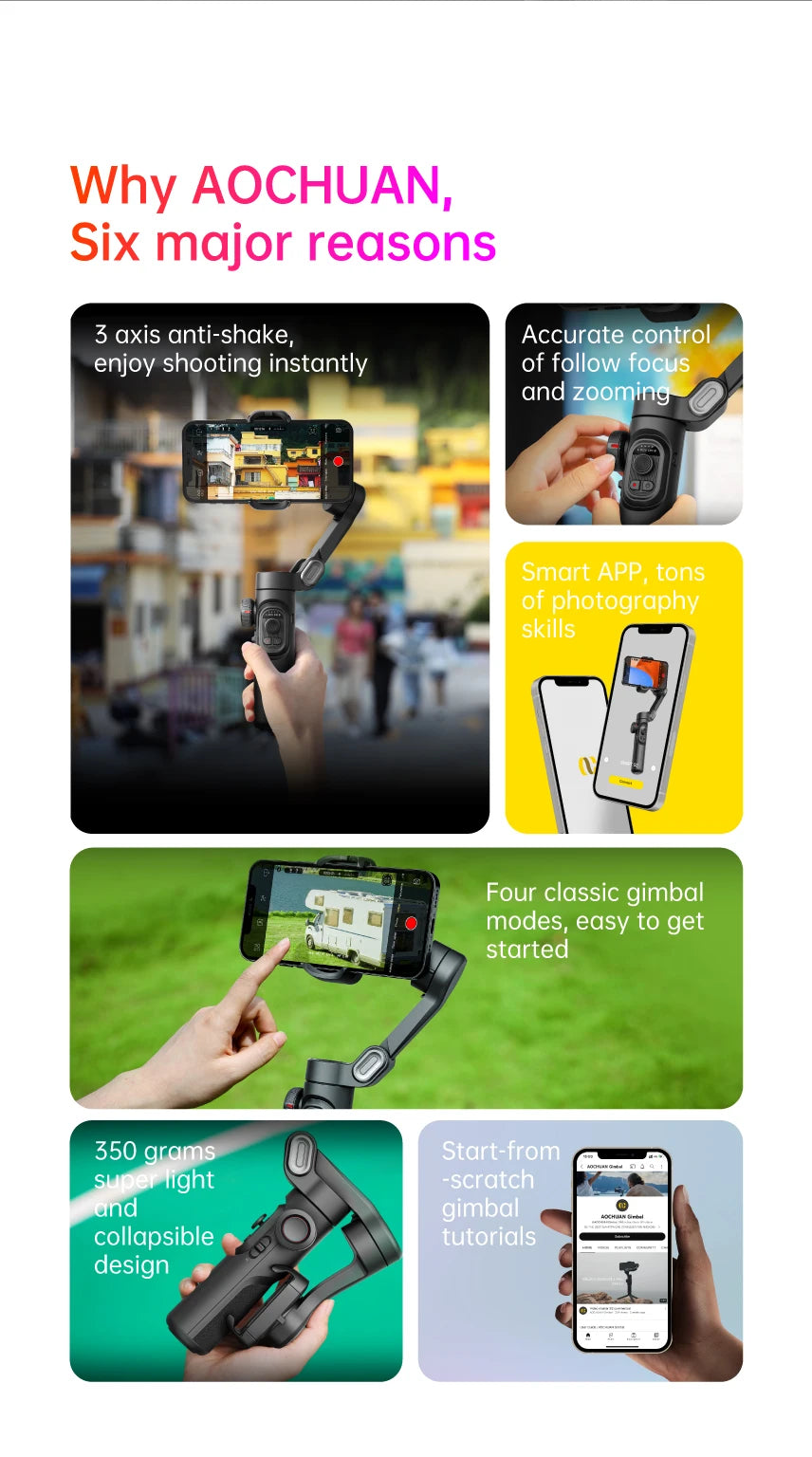 AOCHUAN 3-Axis Handheld Gimbal Stabilizer SmartXE for Smartphone for iPhone Android AI Face Tracking Tk Vlog