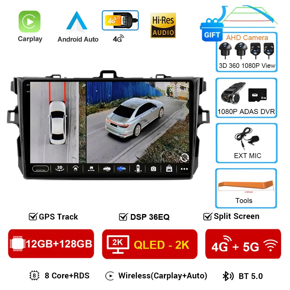 Android 16 Car Radio 4G+WIFI for Toyota Corolla E140/150 2007 2008 2009 2010 2011 2012 2013 Multimedia Player 2 Din DVD Speakers