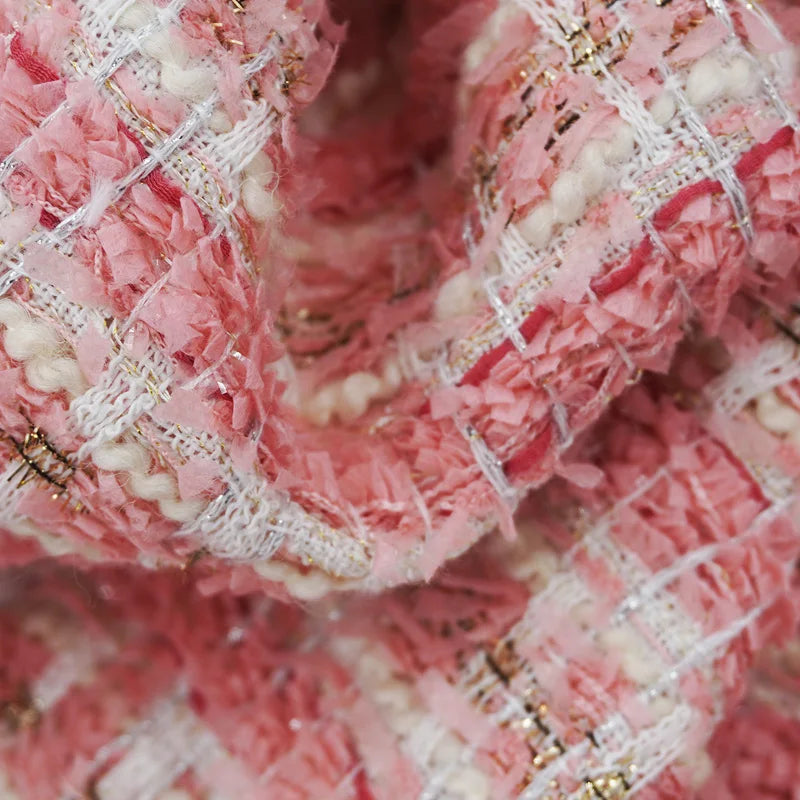 Tweed Fabric for Coat, Pink, Golden Thread, Glitter Cloth, Diy