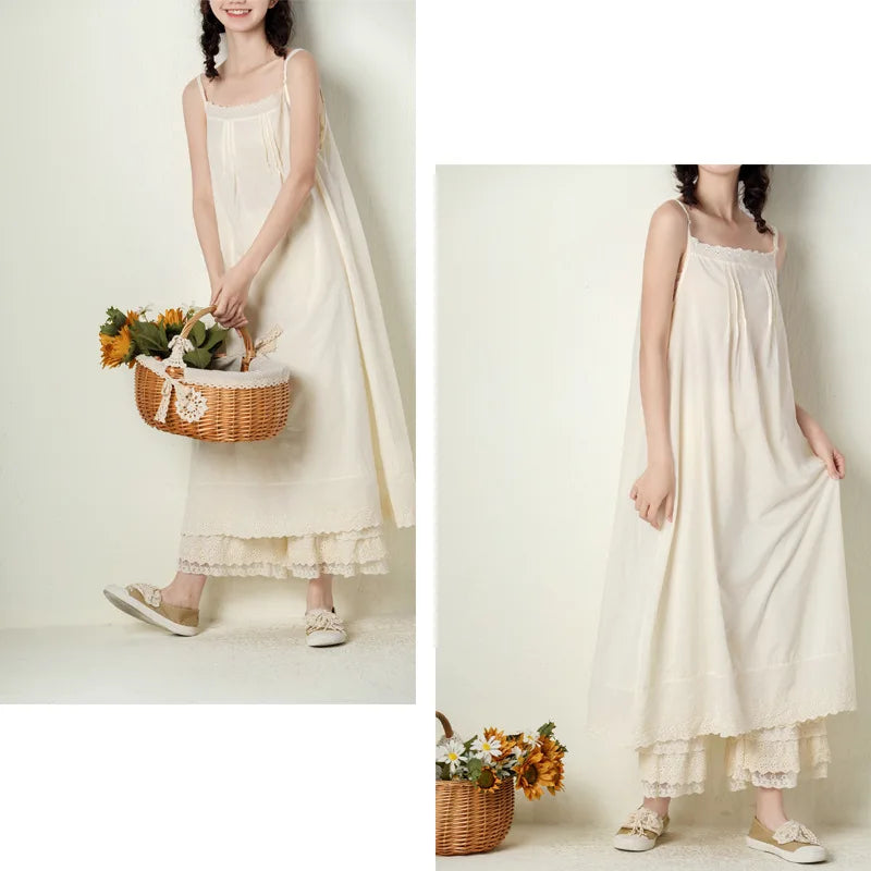 Johnature 2026 Summer New Japanese Casual Spaghetti Strap Thin All Match Dress For Women Solid Color Cotton Female Dresses