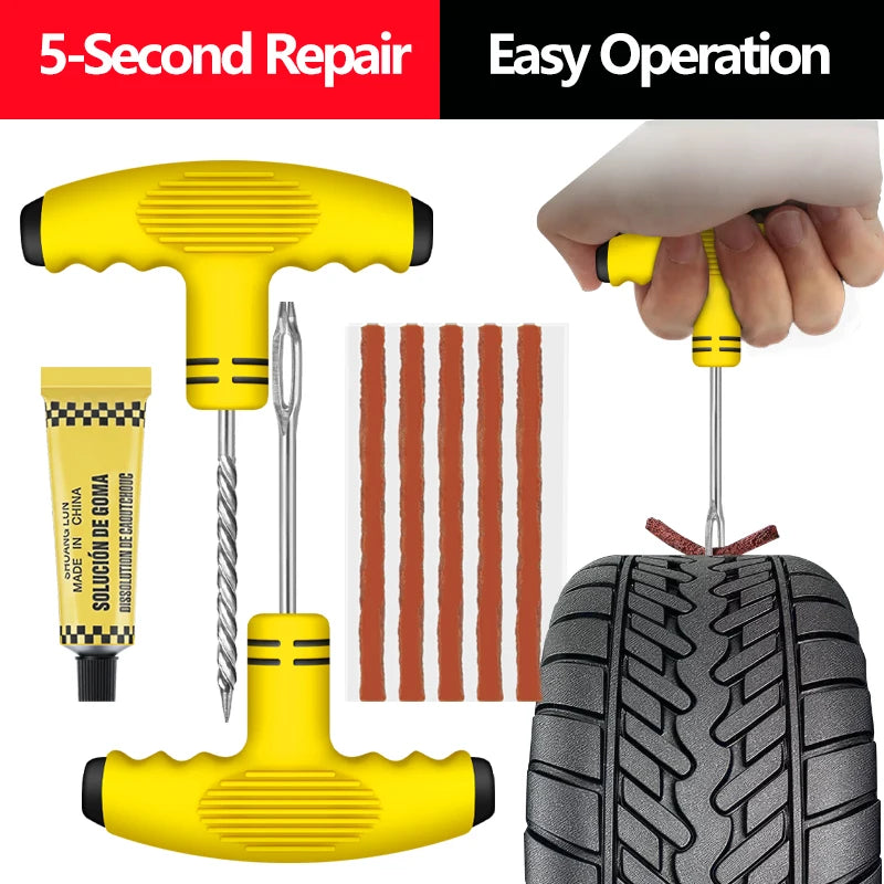 Car Tire Repair Kit for Tubeless Tires: Rubber Strips, Glue & Plug Tools - Auto/Motorcycle Puncture Maintenance