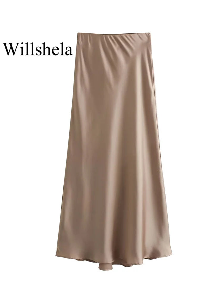 High-Waist Satin Midi Skirt – Elegant Office A-Line Skirt