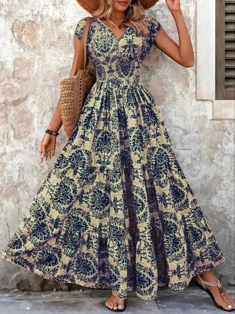 Women's Vintage Floral Print Maxi Dress – Elegant V-Neck Short-Sleeve Floor-Length Gown