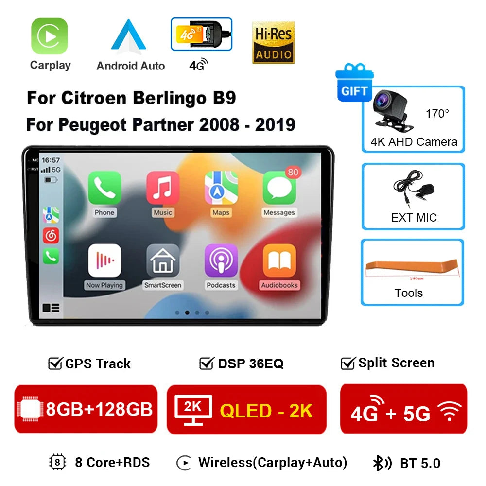 Android 16 Car Radio 4G+WIFI Carplay For Citroen Berlingo For Peugeot Partner 2008 - 2019 Navigation GPS Car Multimedia Player