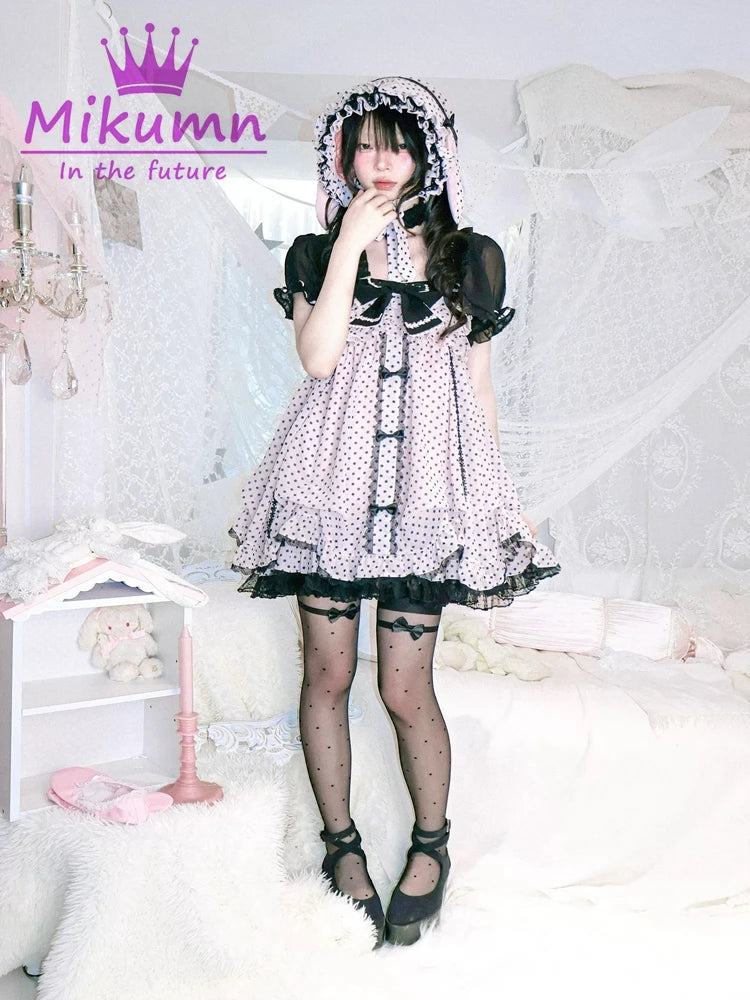 Women's Polka-Dot Bow Mini Dress — Vintage Pink Sleeveless Strap Dress