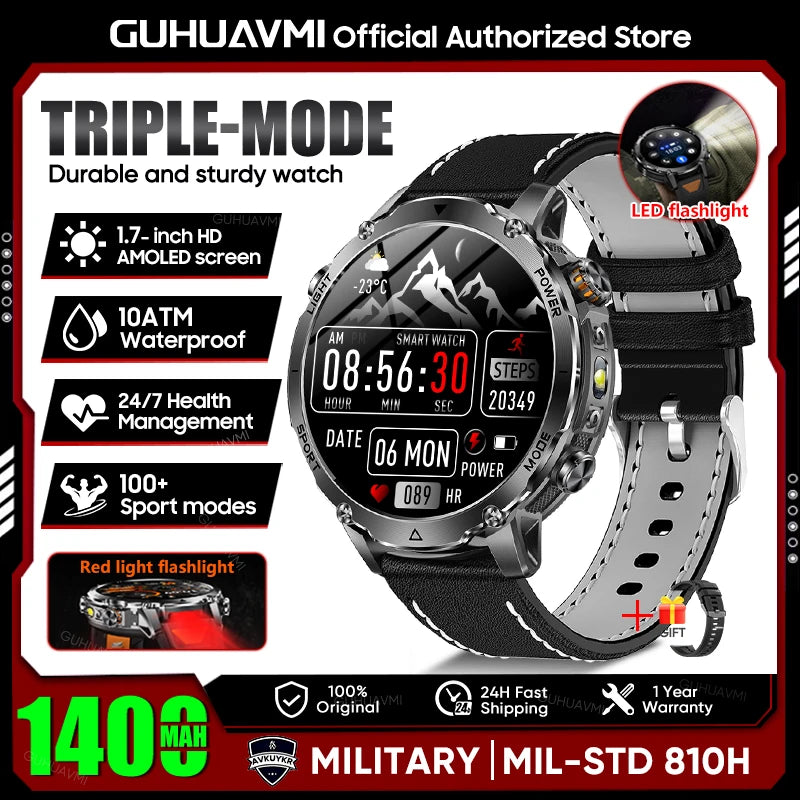 Rugged Outdoor Smart Watch — 1400mAh, 10ATM, Torch & BT Call