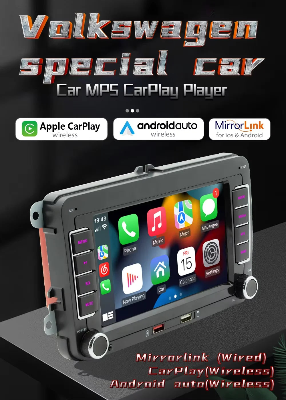 BQCC 7" 2-DIN Car Stereo — Wireless CarPlay, Android Auto, AirPlay & RDS for VW, SEAT, Skoda (Passat, Golf, Polo)