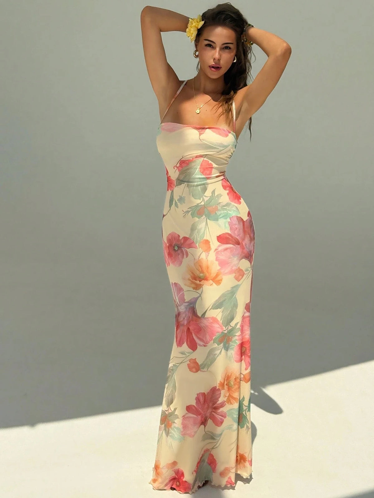 Women Floral Print Cross Tie Back Mermaid Maxi Dress Spaghetti Strap Backless Summer Vacation Beach Long Slip Dress