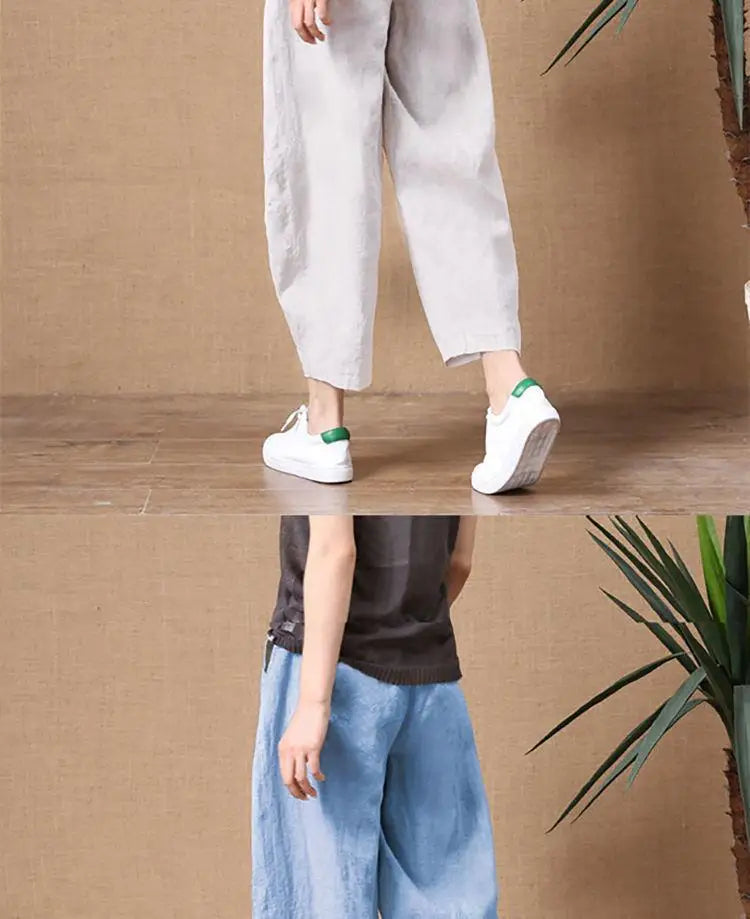 Loose Wide Leg Cotton Linen Pants High Waist Nine Points Women's plus Size Summer New Sle Casual Trousers Versatile Loose Fit