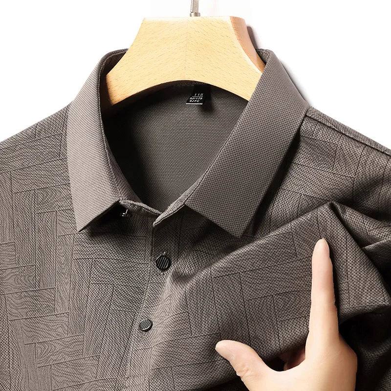 Men's Print Lapel Polo - Wood-Tile Pattern, Half-Button Placket