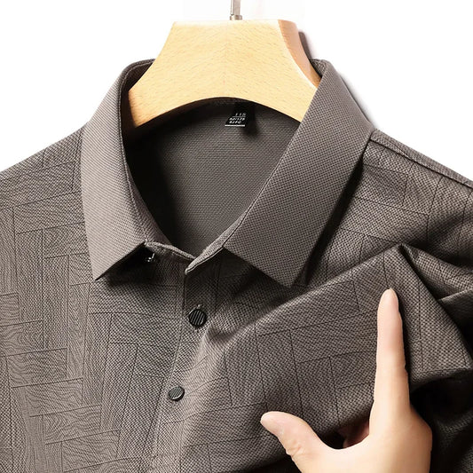Men's Print Lapel Polo - Wood-Tile Pattern, Half-Button Placket