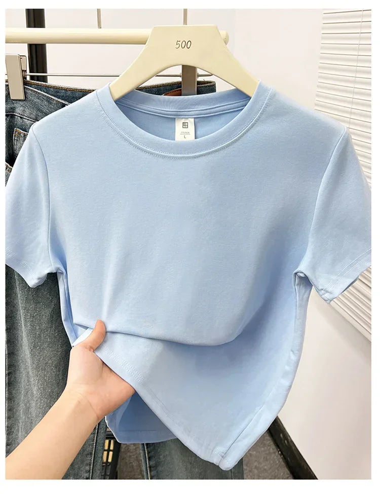 Women's Solid Short Sleeve Tee — Casual Y2K Top