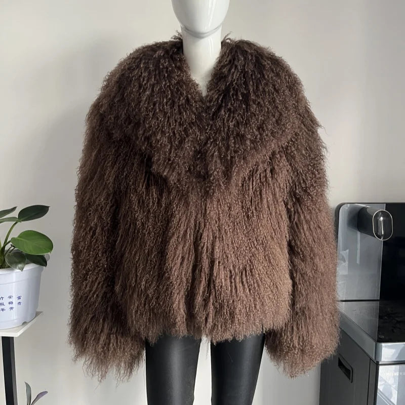 Women's Mongolian Sheep Fur Coat, Turn-Down Collar