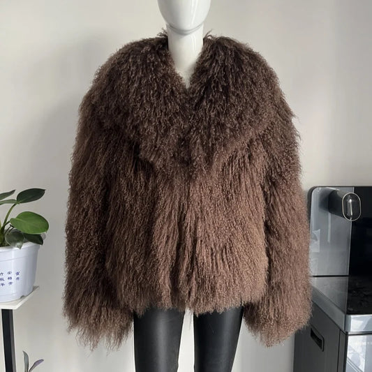 Women's Mongolian Sheep Fur Coat, Turn-Down Collar