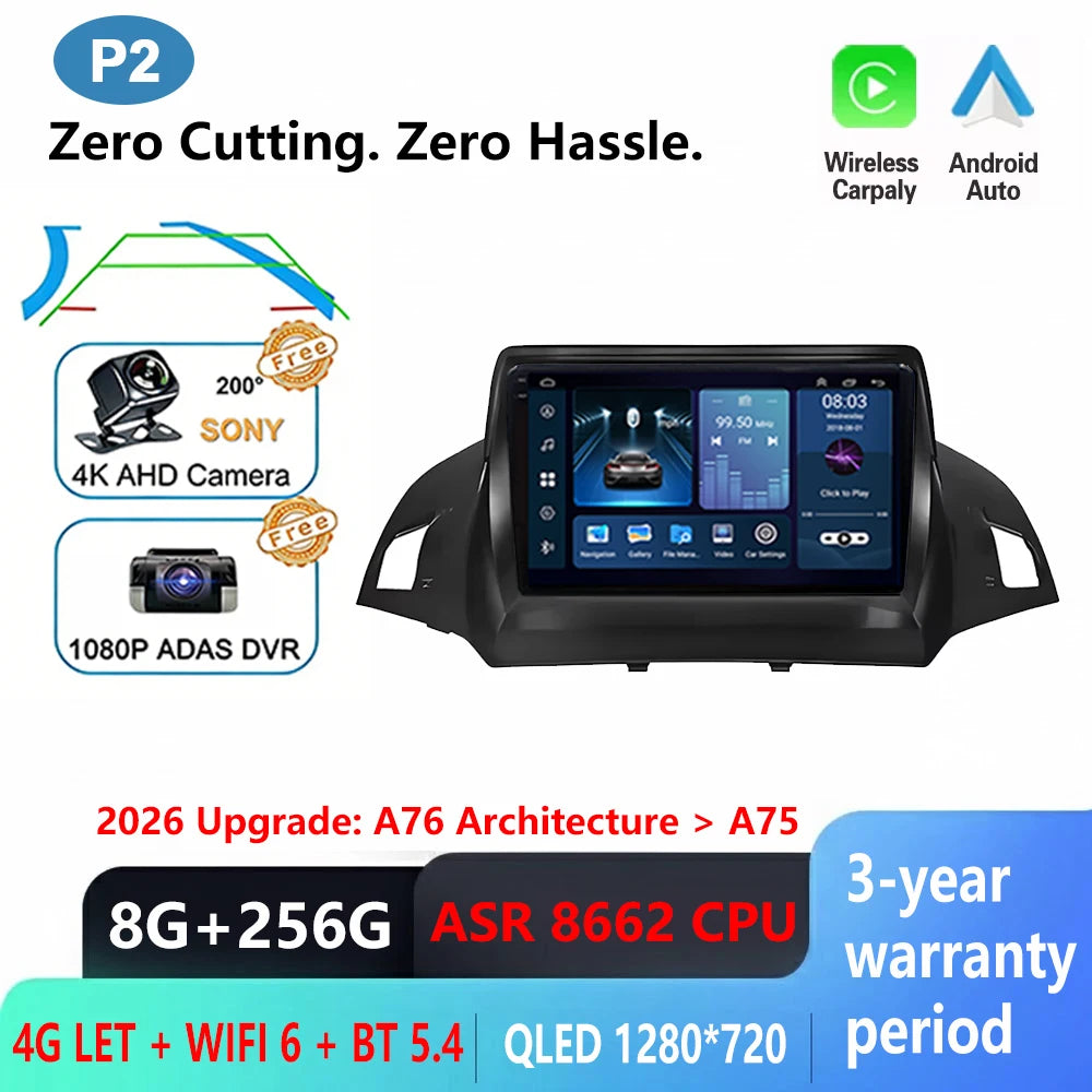 Android Car Stereo for Ford C-MAX, Kuga 2 & Escape 3 (2012–2019) — Wireless CarPlay, Android Auto, GPS, WiFi