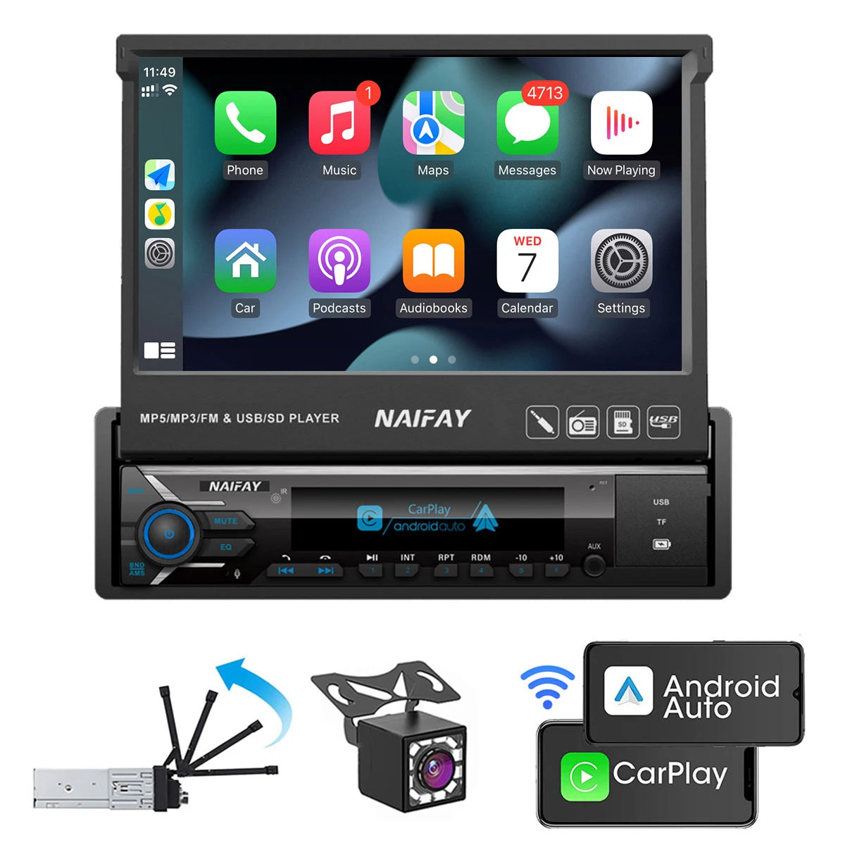 7" 1-DIN Retractable Touchscreen Car Stereo — CarPlay, Android Auto, Rear-View Camera, Bluetooth, USB/AUX/TF
