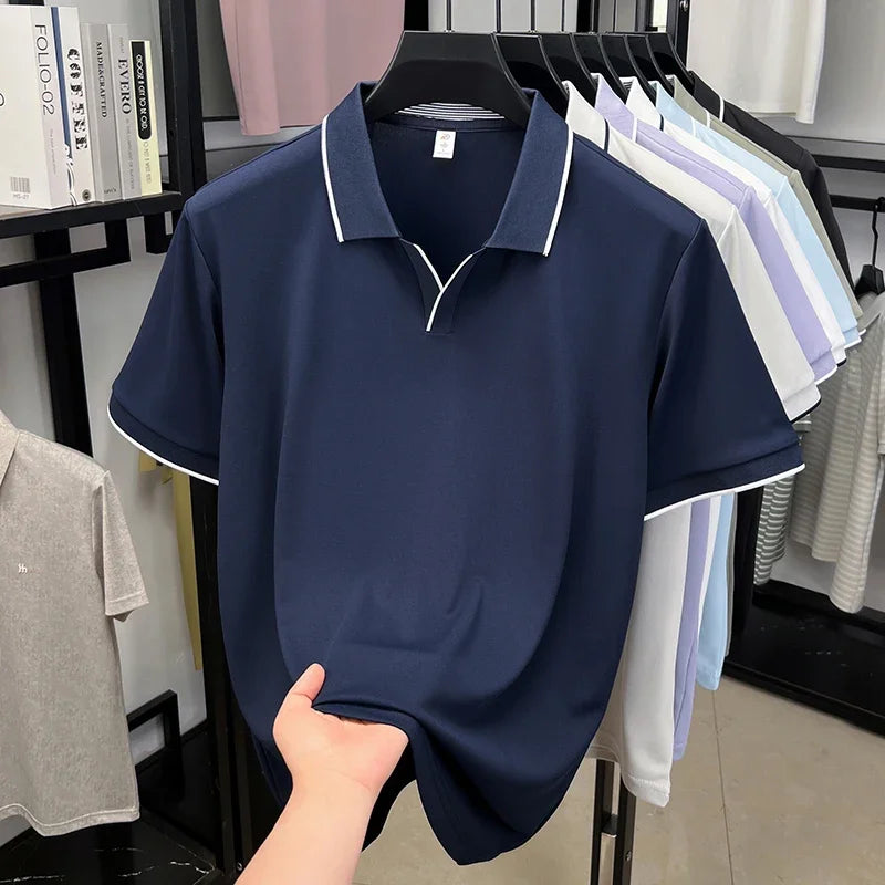 Men's Piping-Detail Polo - Soft Stretch, No-Button Placket