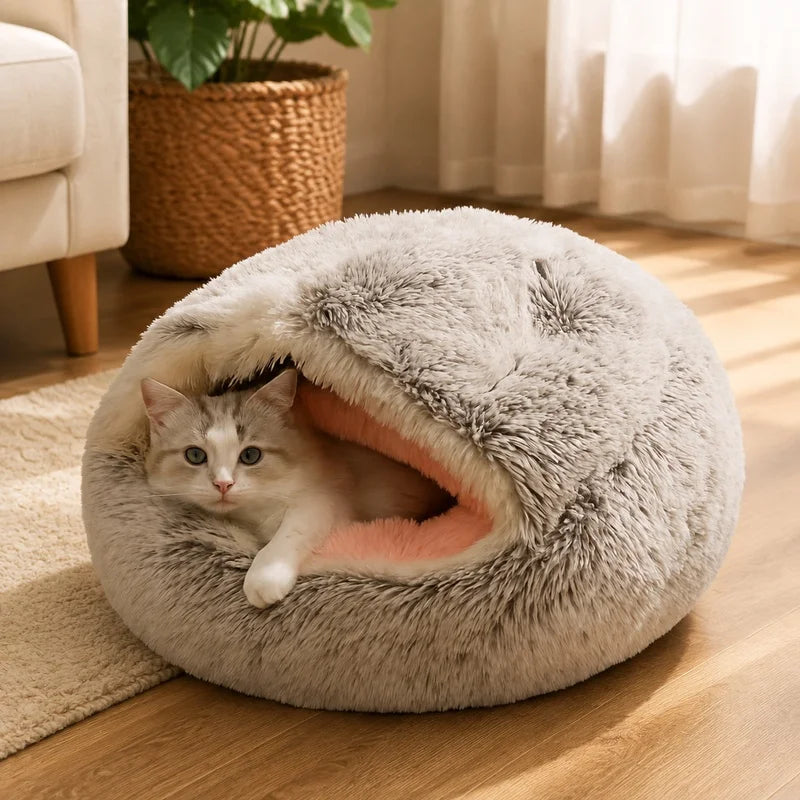 Semi-Enclosed Fleece-Lined Cat Bed 40cm - Small Plush Winter Nest