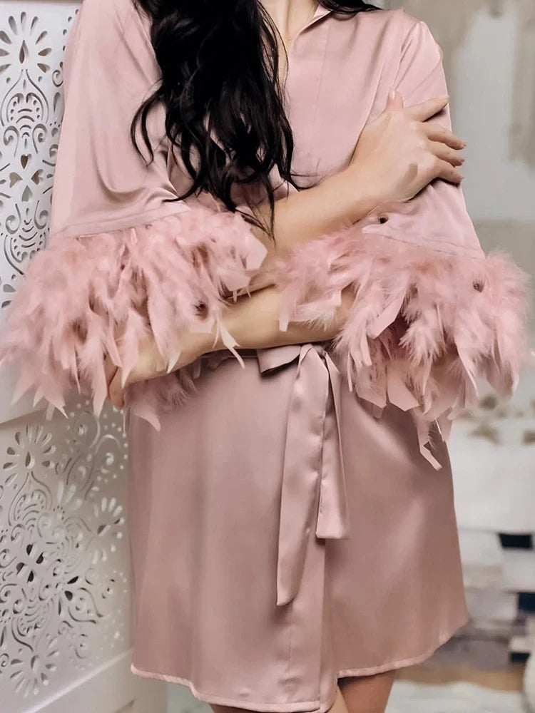 Women's Satin Robe with Feather Trim, Bridal Robe
